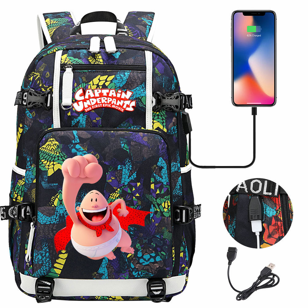 Captain Underpants USB Charging Backpack School NoteBook Laptop Travel Bags