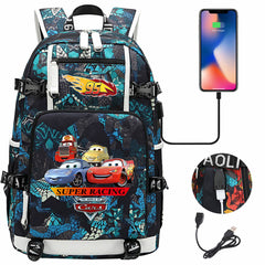 Cars Lightning USB Charging Backpack School NoteBook Laptop Travel Bags