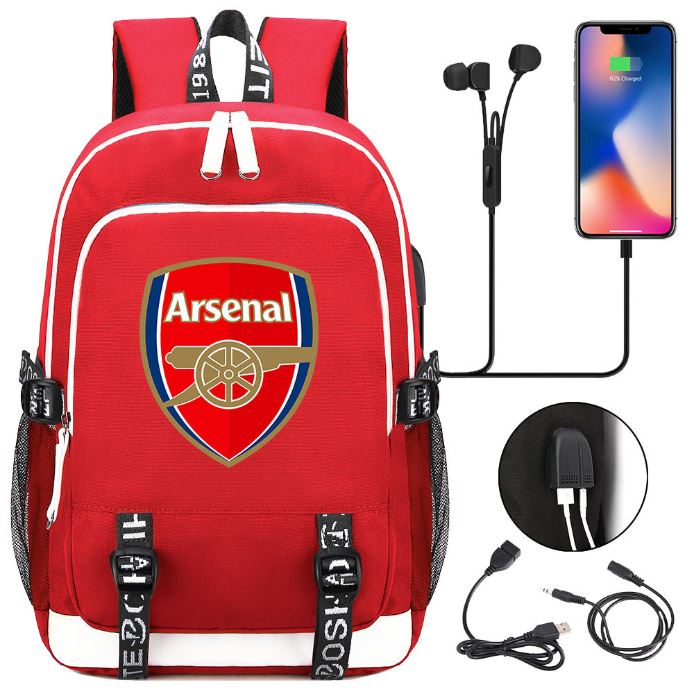 Arsenal Football Club USB Charging Backpack School Note Book Laptop Travel Bags
