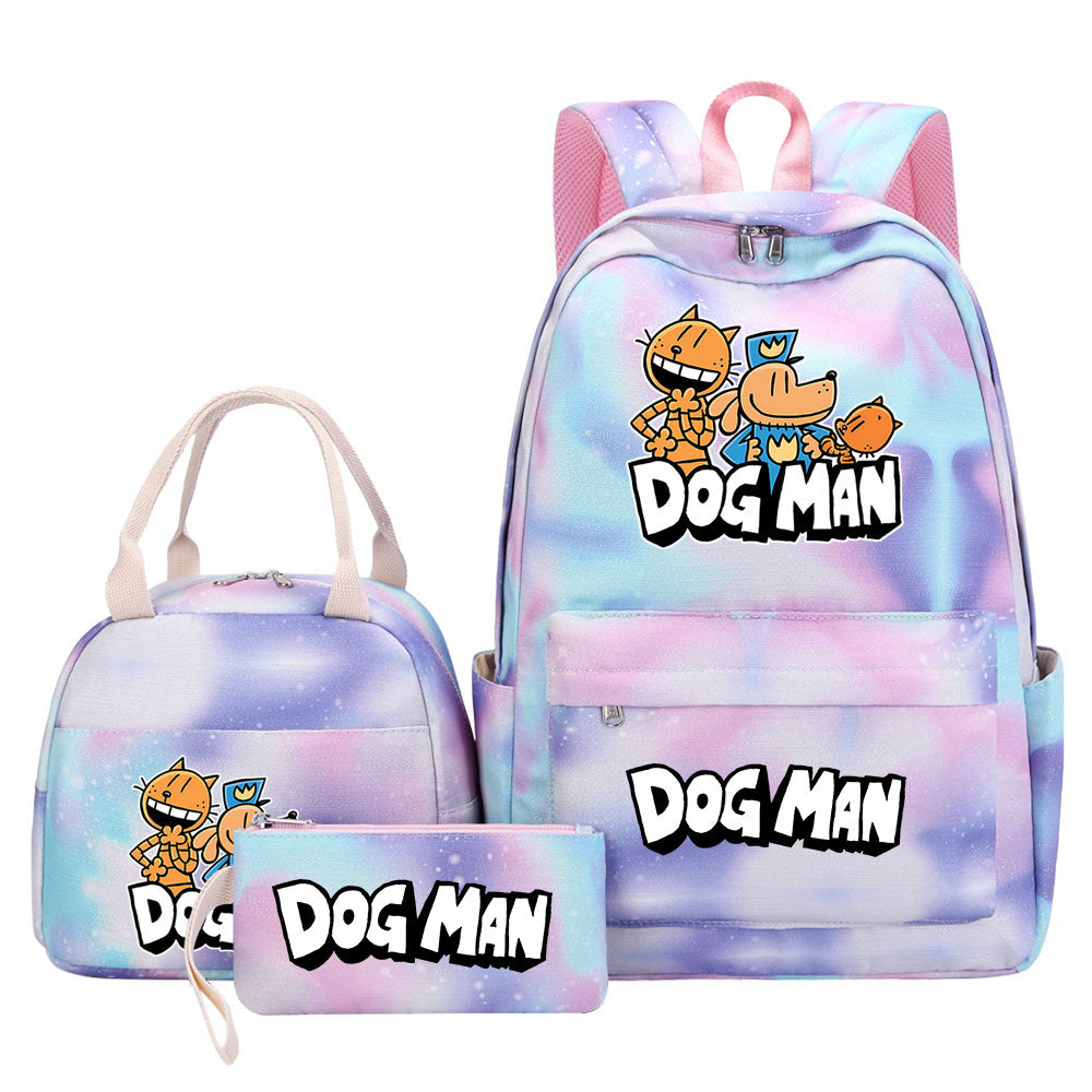 Dog Man Pink Starry Sky SchoolBag Backpack Lunch Box Bag Book Pencil Bags 3pcs Set