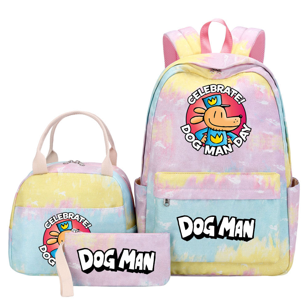 Dog Man Pink Starry Sky SchoolBag Backpack Lunch Box Bag Book Pencil Bags 3pcs Set