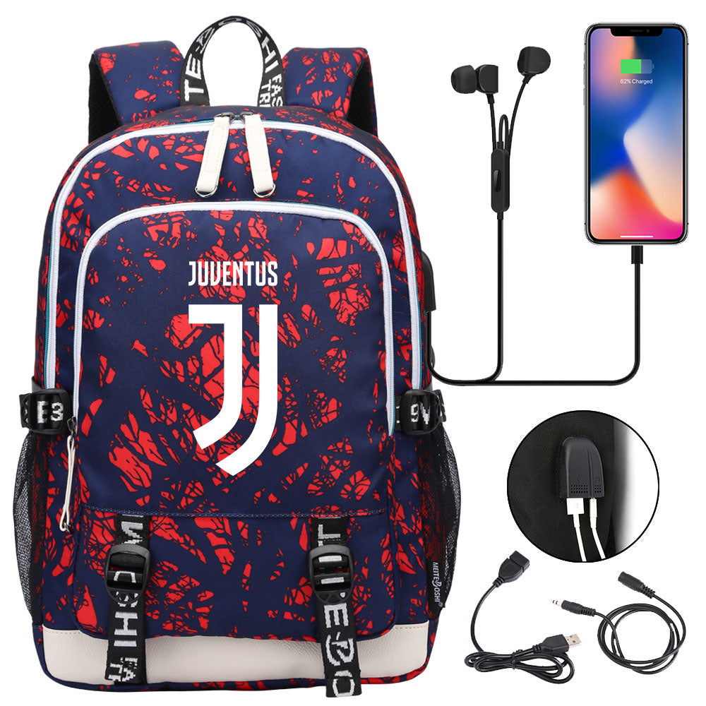 Juventus Football Club USB Charging Backpack School Note Book Laptop Travel Bags