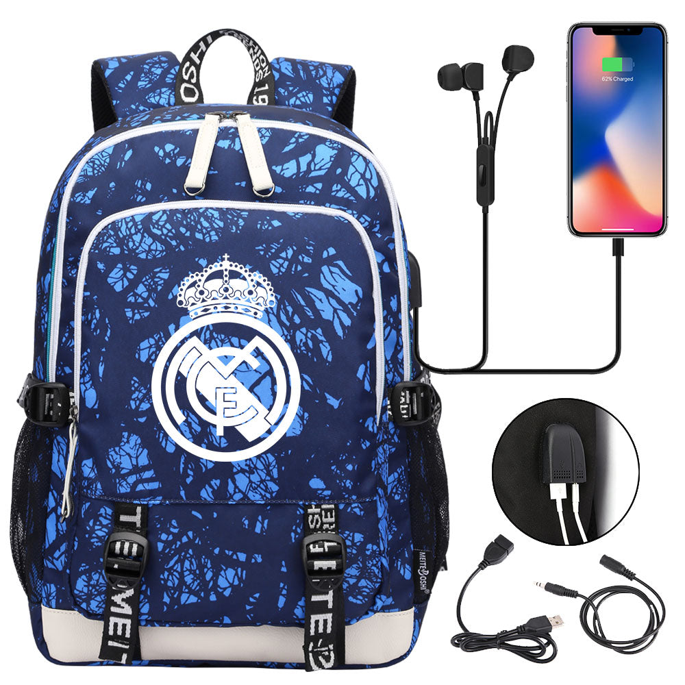 Real Madrid Football Club USB Charging Backpack School Note Book Laptop Travel Bags