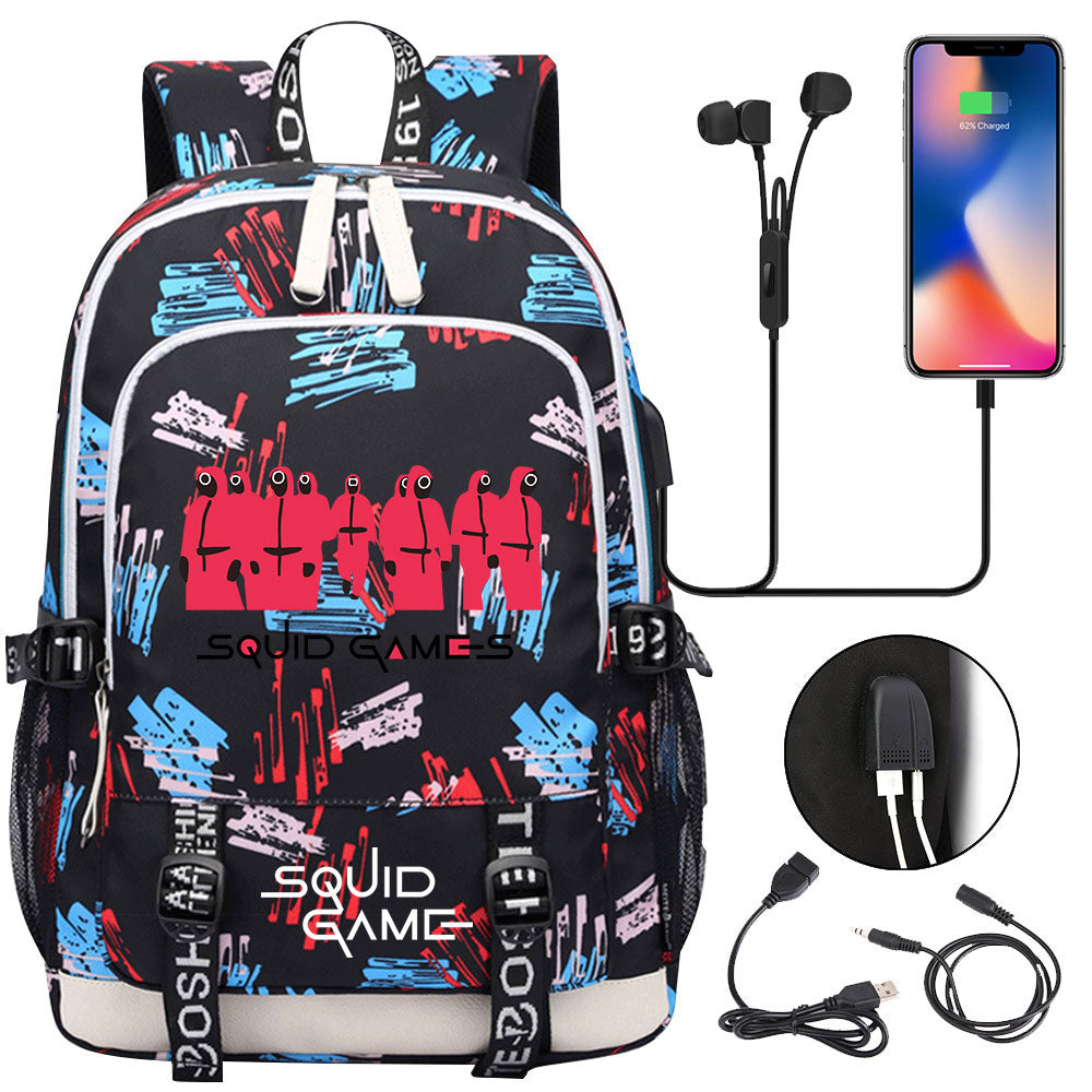Squid Game USB Charging Backpack School Note Book Laptop Travel Bags