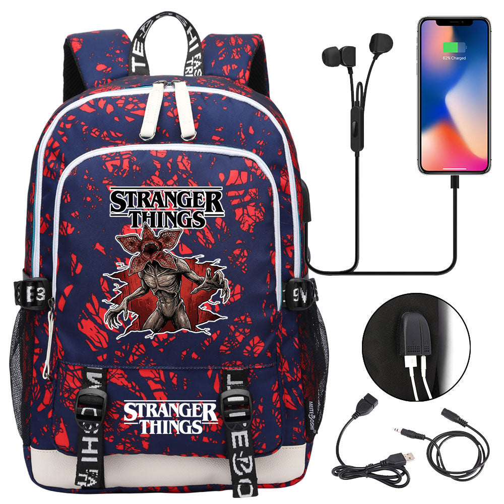 Strangers Things Hellfire Club USB Charging Backpack School Note Book Laptop Travel Bags