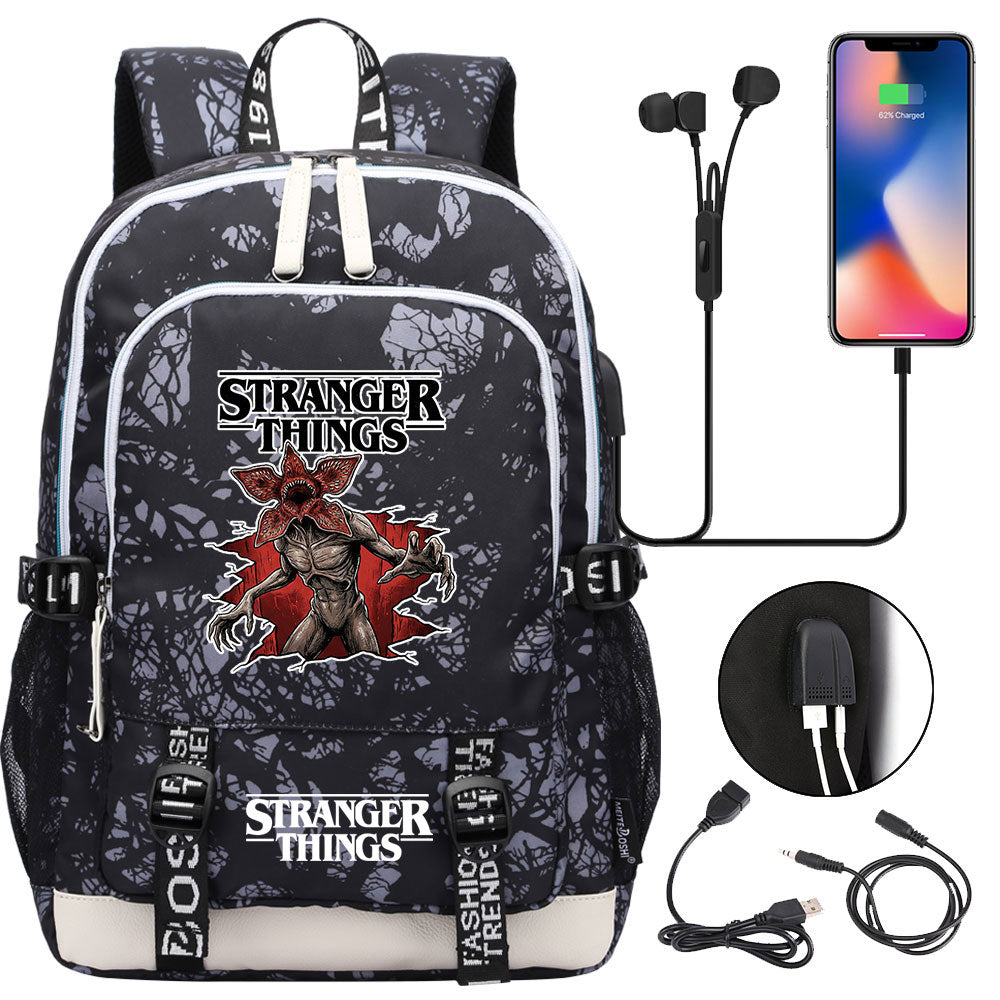 Strangers Things Hellfire Club USB Charging Backpack School Note Book Laptop Travel Bags