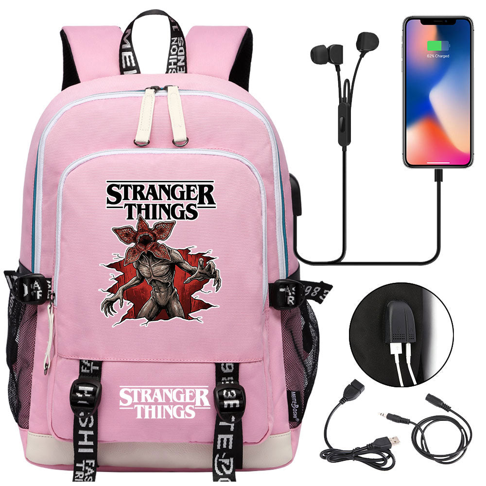 Strangers Things Hellfire Club USB Charging Backpack School Note Book Laptop Travel Bags