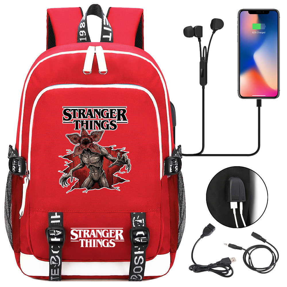 Strangers Things Hellfire Club USB Charging Backpack School Note Book Laptop Travel Bags