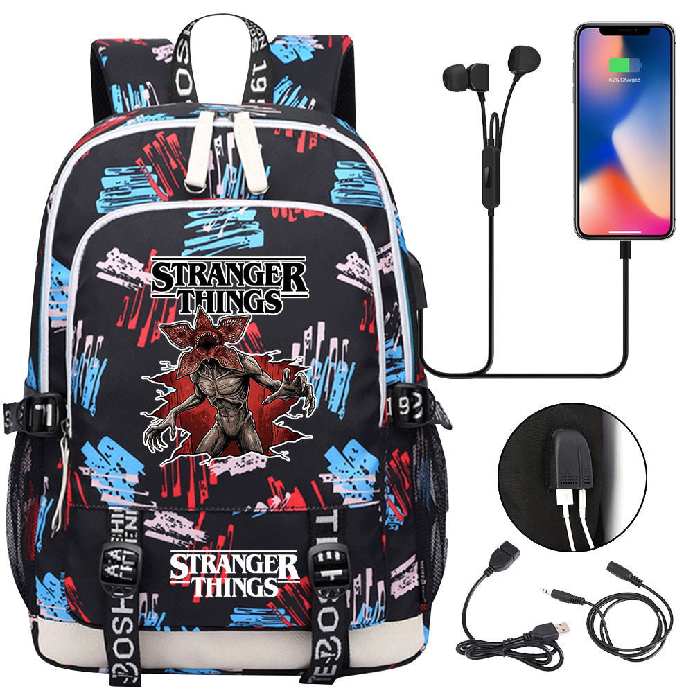Strangers Things Hellfire Club USB Charging Backpack School Note Book Laptop Travel Bags
