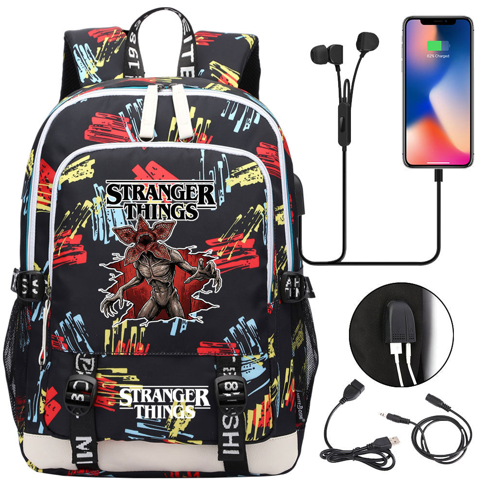 Strangers Things Hellfire Club USB Charging Backpack School Note Book Laptop Travel Bags