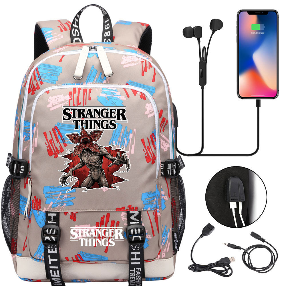 Strangers Things Hellfire Club USB Charging Backpack School Note Book Laptop Travel Bags