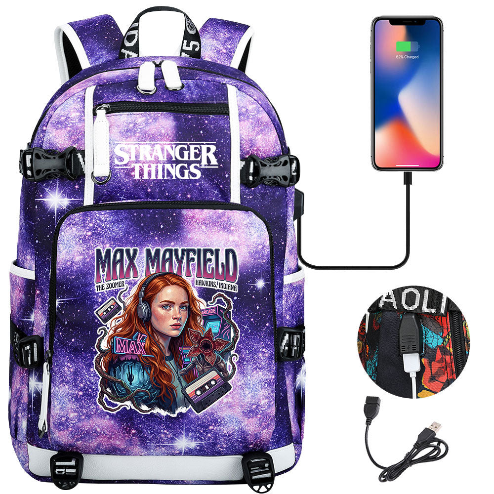 Strangers Things Max Mayfield USB Charging Backpack School NoteBook Laptop Travel Bags