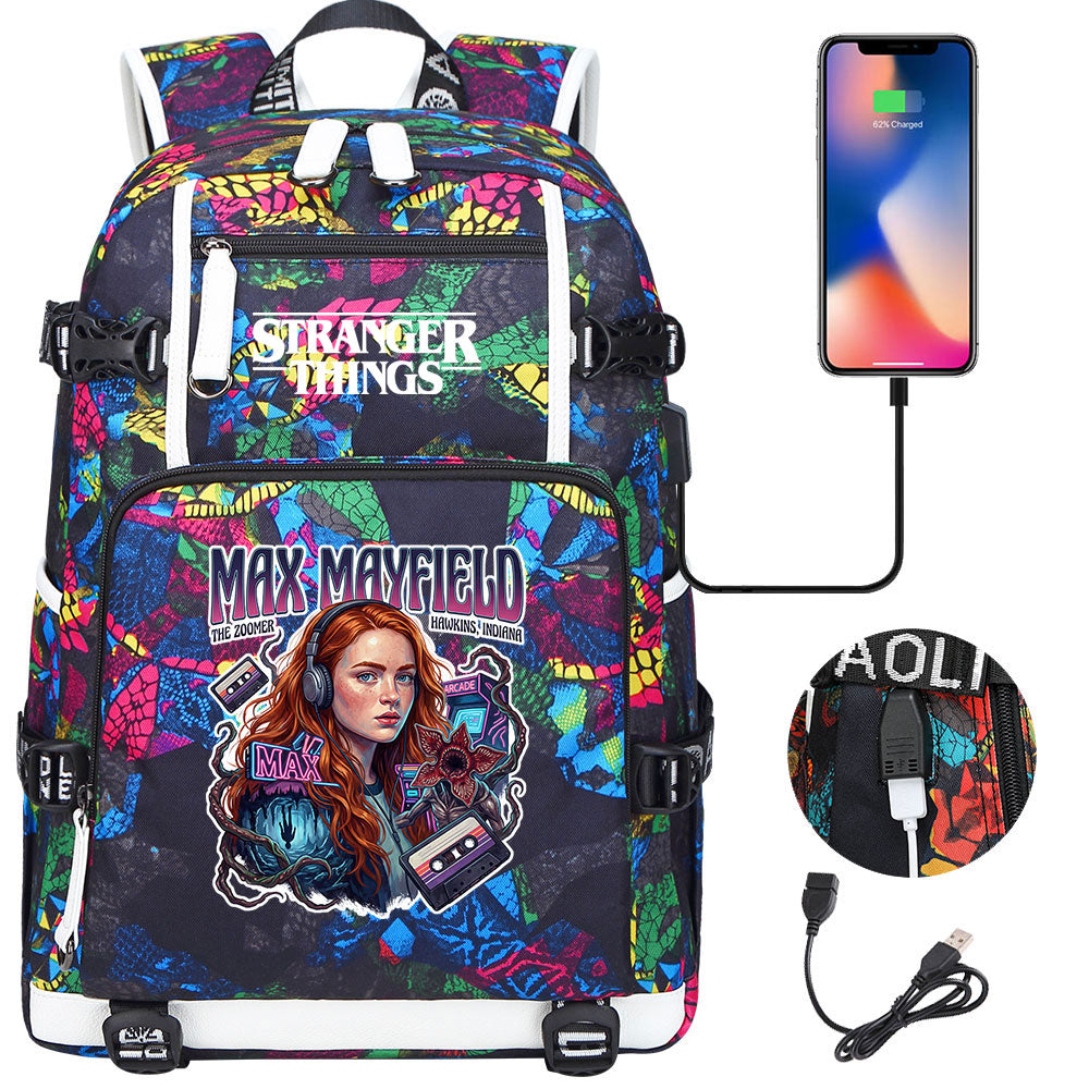 Strangers Things Max Mayfield USB Charging Backpack School NoteBook Laptop Travel Bags