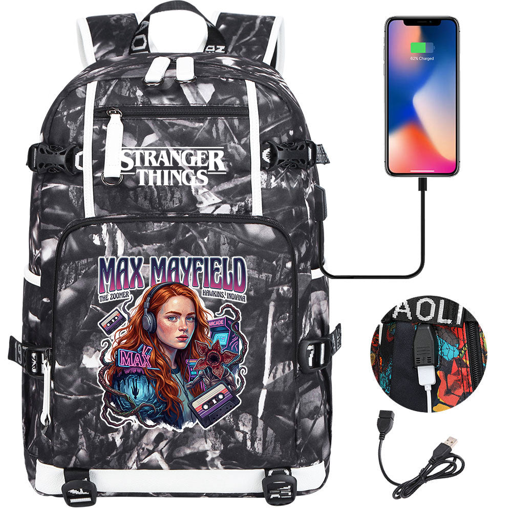 Strangers Things Max Mayfield USB Charging Backpack School NoteBook Laptop Travel Bags