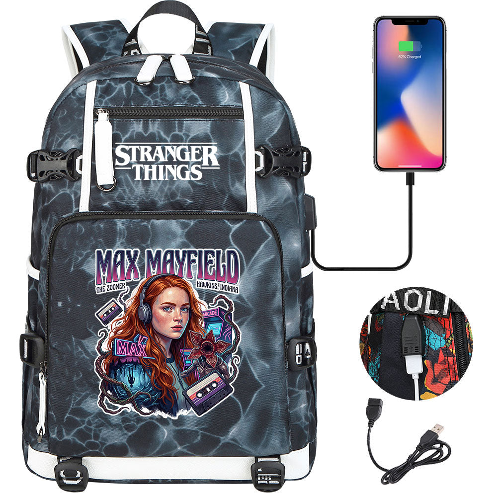 Strangers Things Max Mayfield USB Charging Backpack School NoteBook Laptop Travel Bags