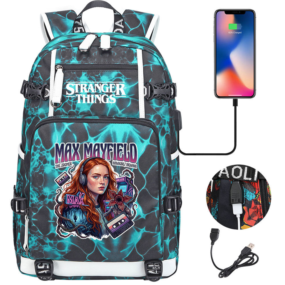 Strangers Things Max Mayfield USB Charging Backpack School NoteBook Laptop Travel Bags