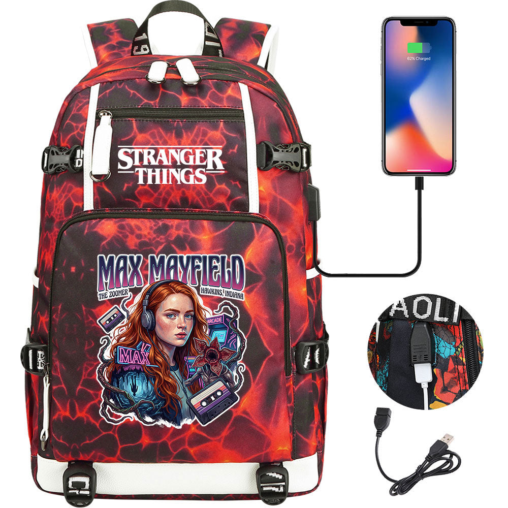 Strangers Things Max Mayfield USB Charging Backpack School NoteBook Laptop Travel Bags