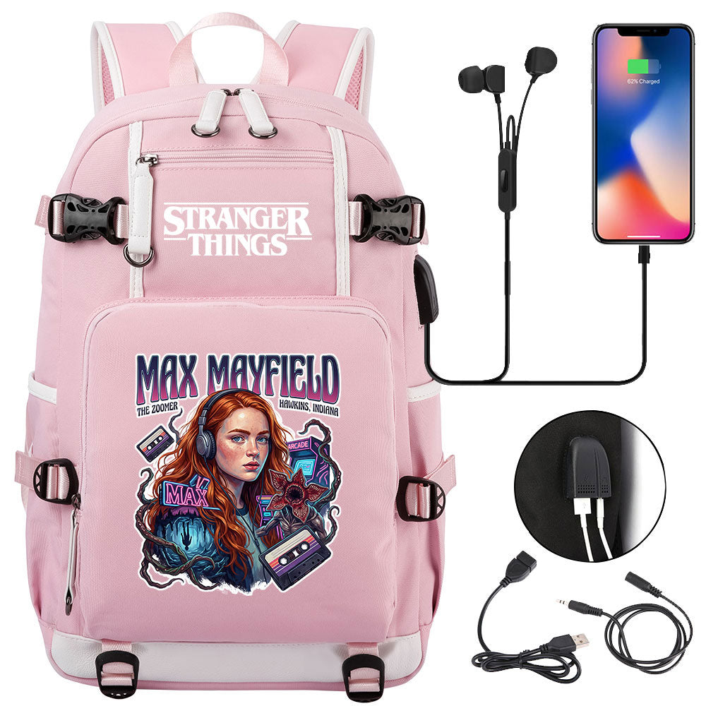 Strangers Things Max Mayfield USB Charging Backpack School NoteBook Laptop Travel Bags