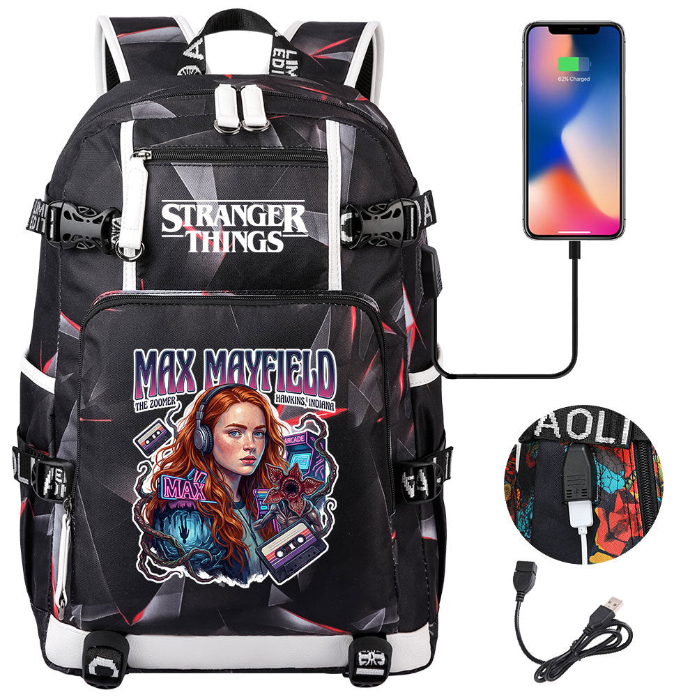 Strangers Things Max Mayfield USB Charging Backpack School NoteBook Laptop Travel Bags