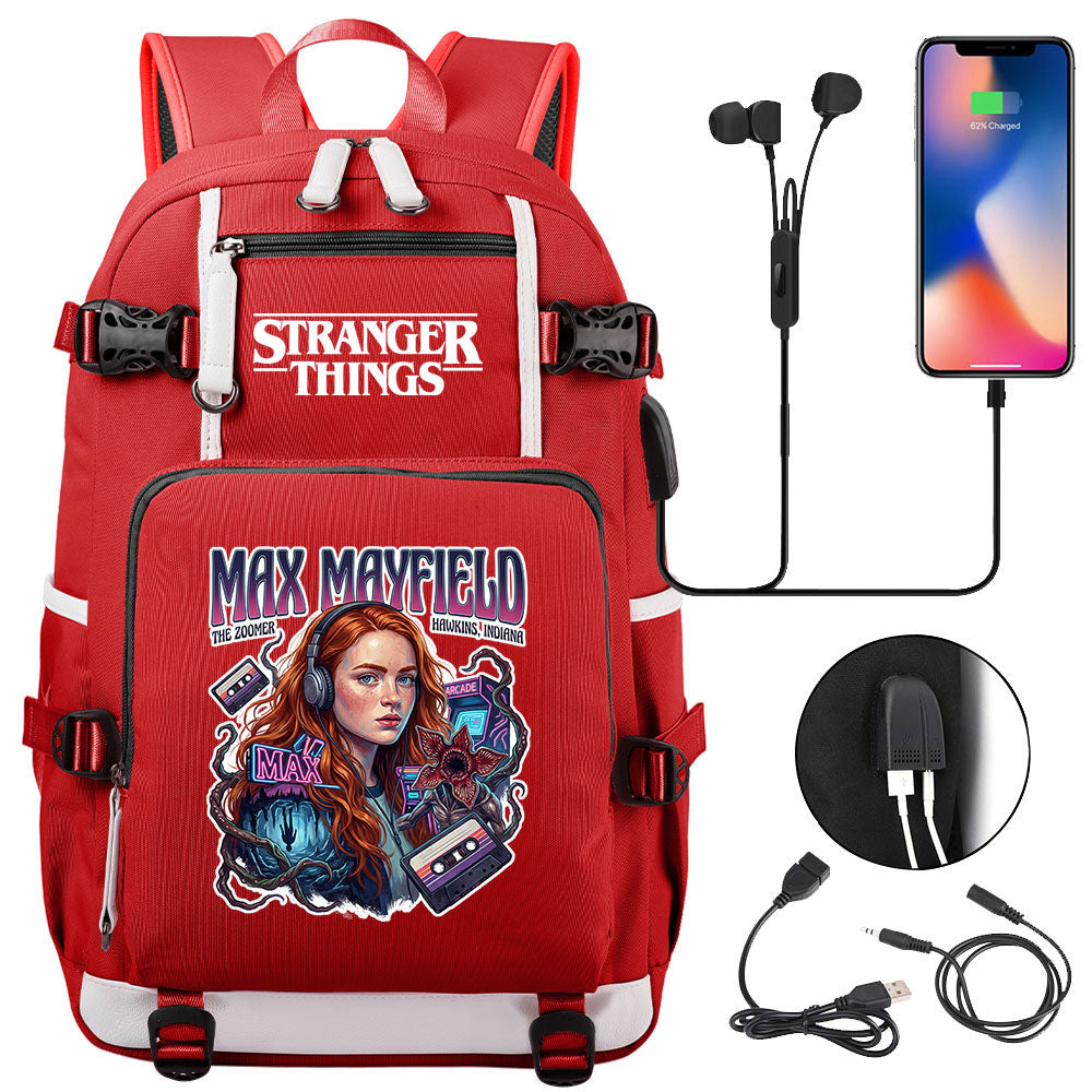 Strangers Things Max Mayfield USB Charging Backpack School NoteBook Laptop Travel Bags