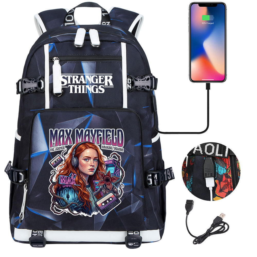 Strangers Things Max Mayfield USB Charging Backpack School NoteBook Laptop Travel Bags