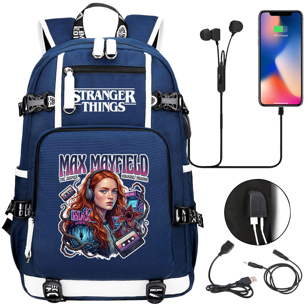 Strangers Things Max Mayfield USB Charging Backpack School NoteBook Laptop Travel Bags