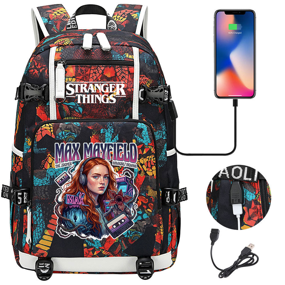 Strangers Things Max Mayfield USB Charging Backpack School NoteBook Laptop Travel Bags