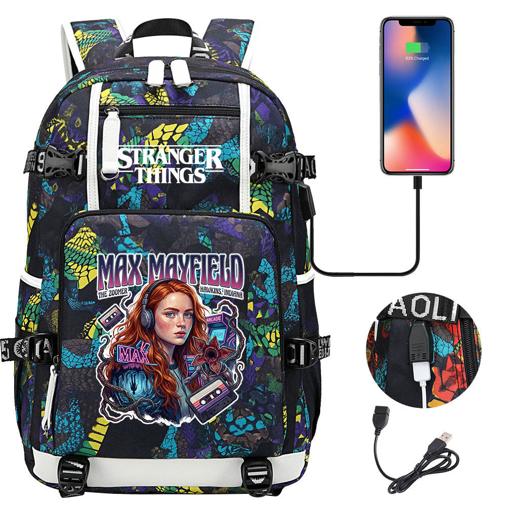 Strangers Things Max Mayfield USB Charging Backpack School NoteBook Laptop Travel Bags