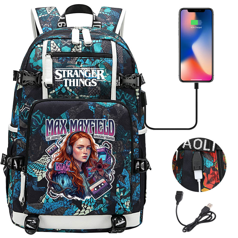 Strangers Things Max Mayfield USB Charging Backpack School NoteBook Laptop Travel Bags