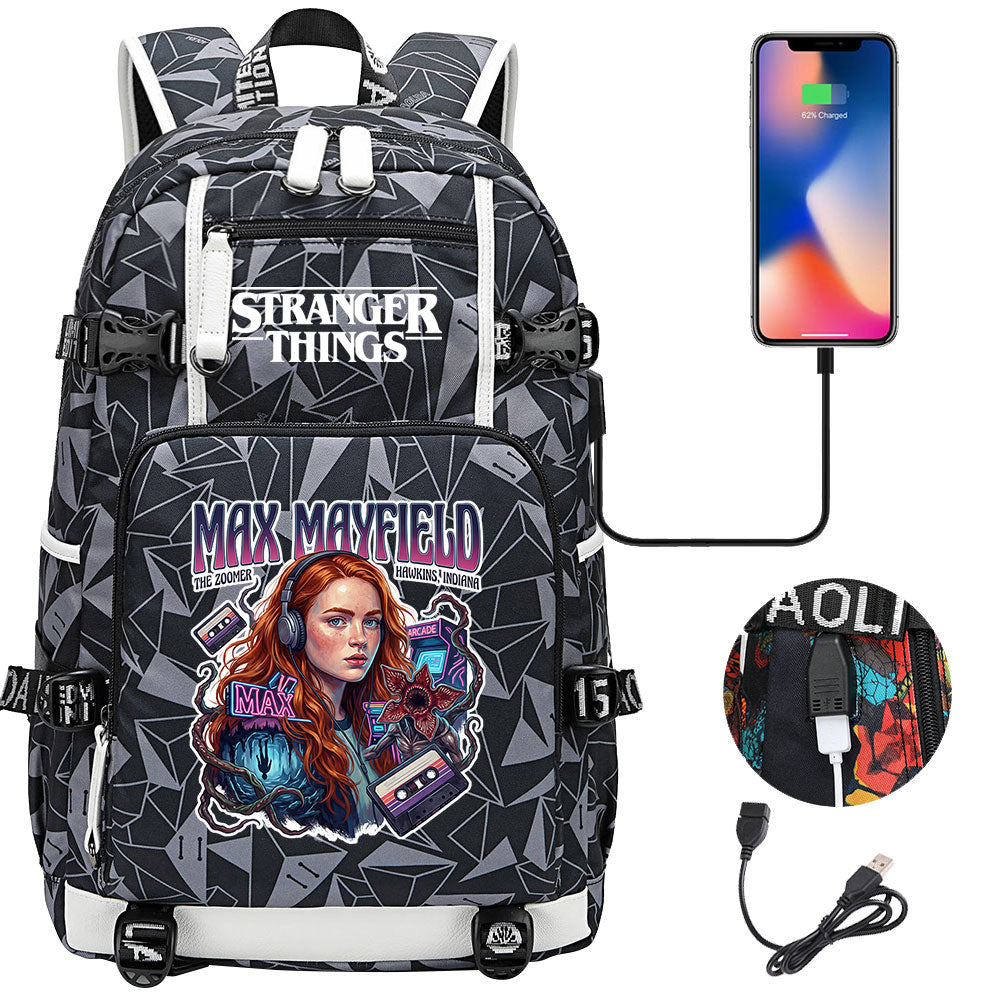 Strangers Things Max Mayfield USB Charging Backpack School NoteBook Laptop Travel Bags