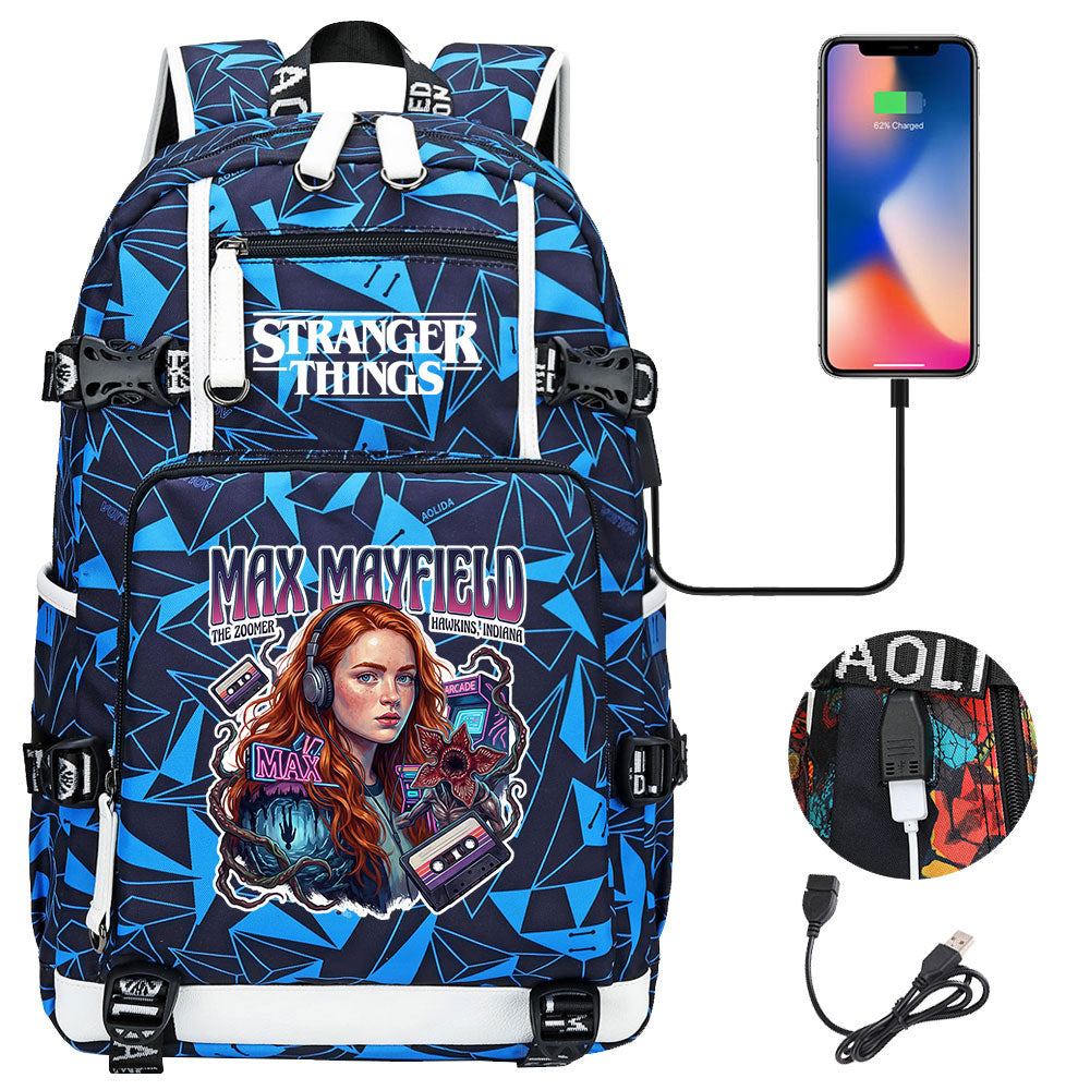 Strangers Things Max Mayfield USB Charging Backpack School NoteBook Laptop Travel Bags
