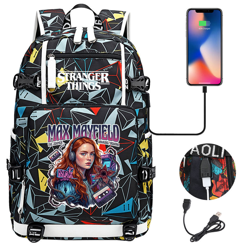 Strangers Things Max Mayfield USB Charging Backpack School NoteBook Laptop Travel Bags