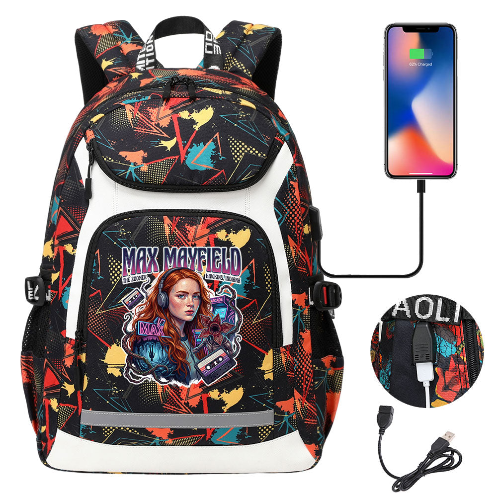 Strangers Things Max Mayfield USB Charging Backpack School NoteBook Laptop Travel Bags