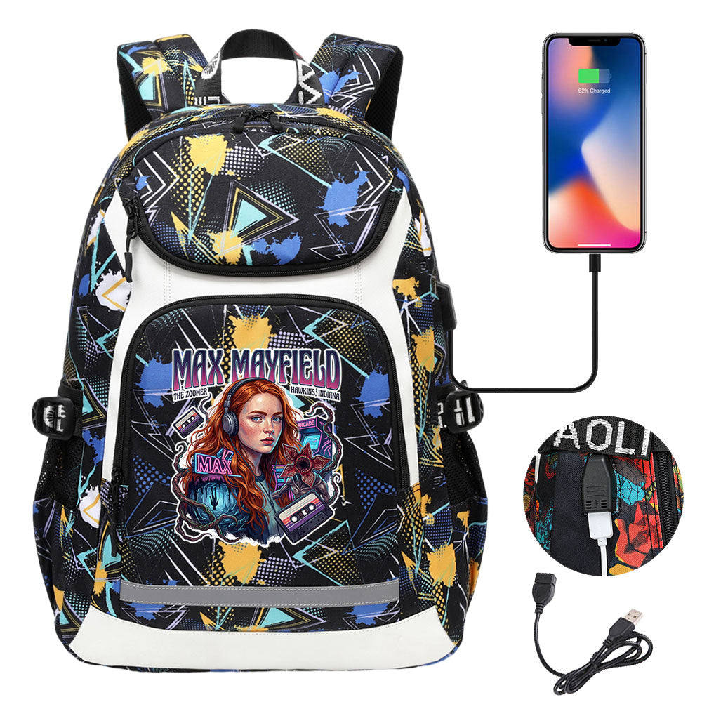 Strangers Things Max Mayfield USB Charging Backpack School NoteBook Laptop Travel Bags