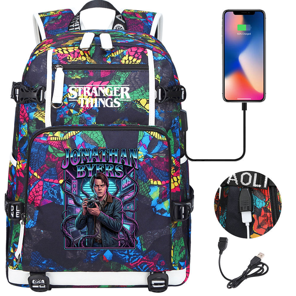 Strangers Things Jonathan Byers USB Charging Backpack School NoteBook Laptop Travel Bags