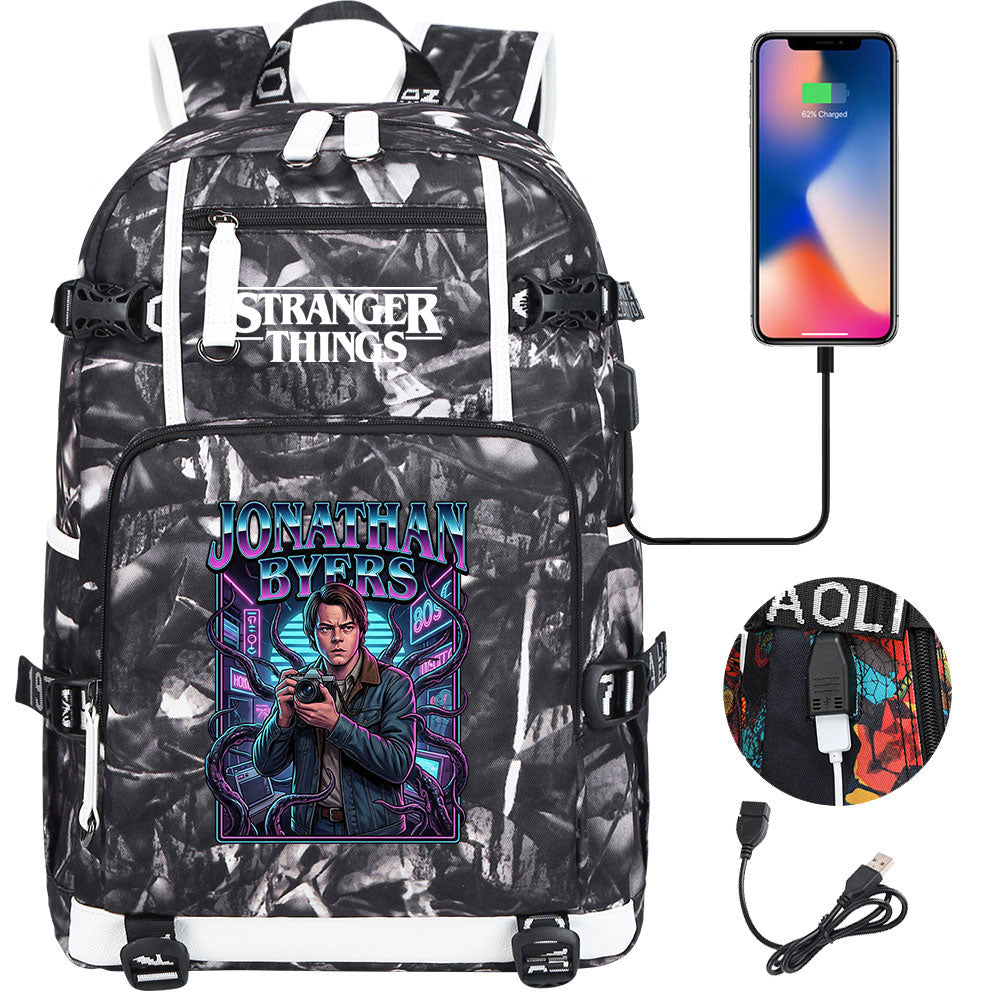 Strangers Things Jonathan Byers USB Charging Backpack School NoteBook Laptop Travel Bags