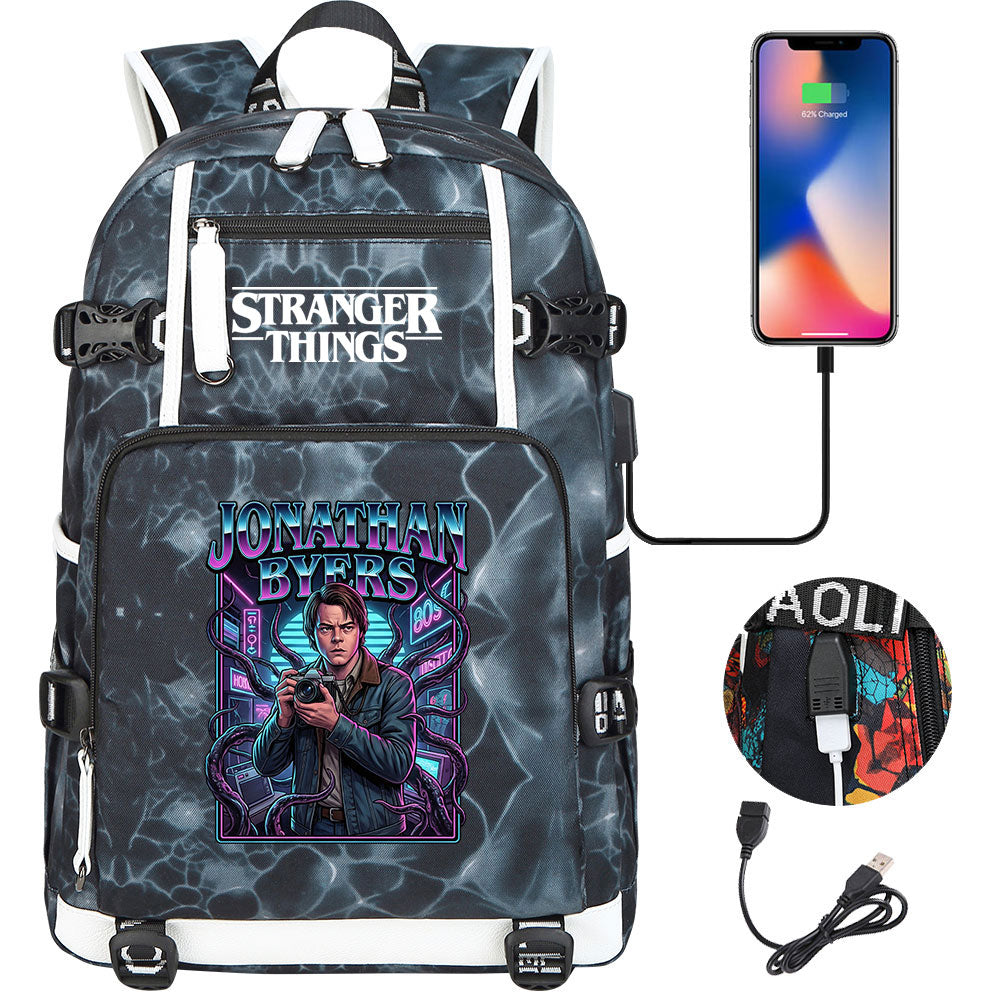 Strangers Things Jonathan Byers USB Charging Backpack School NoteBook Laptop Travel Bags