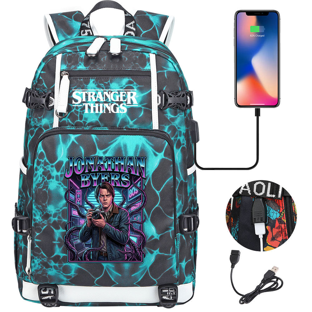 Strangers Things Jonathan Byers USB Charging Backpack School NoteBook Laptop Travel Bags