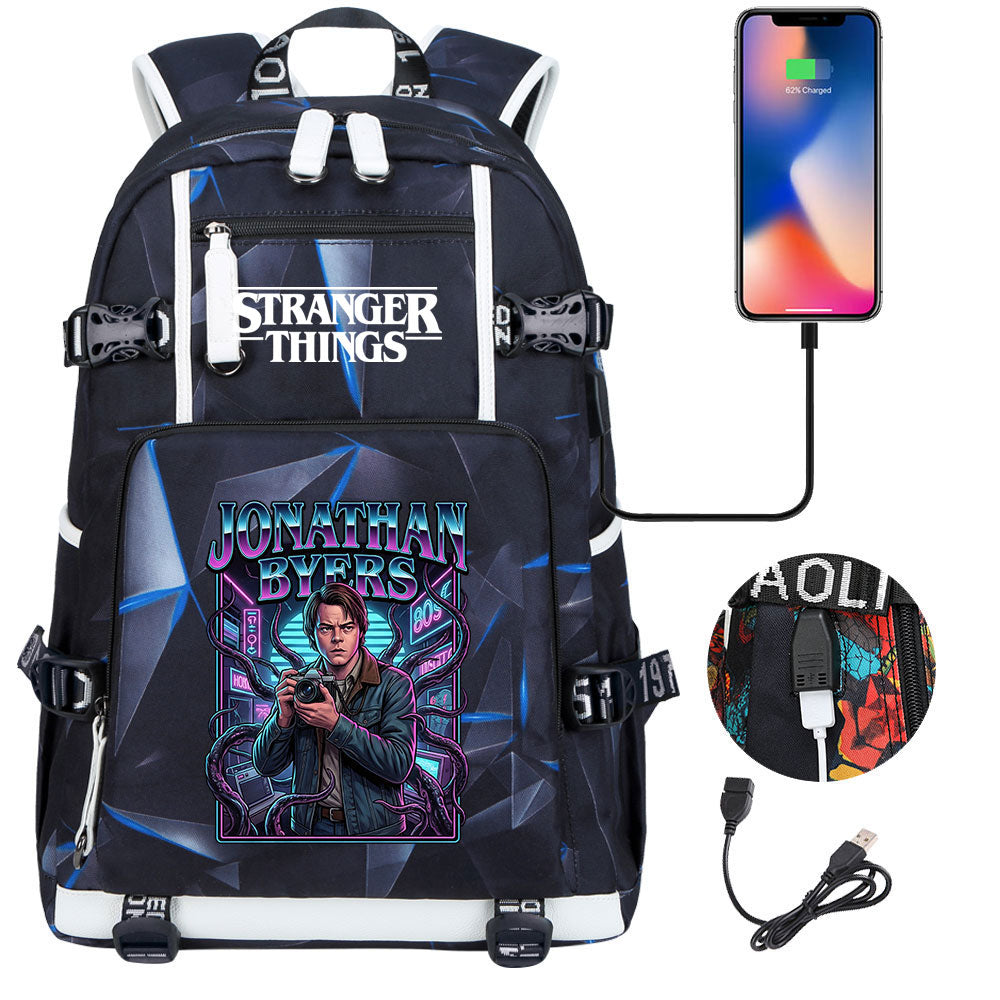 Strangers Things Jonathan Byers USB Charging Backpack School NoteBook Laptop Travel Bags