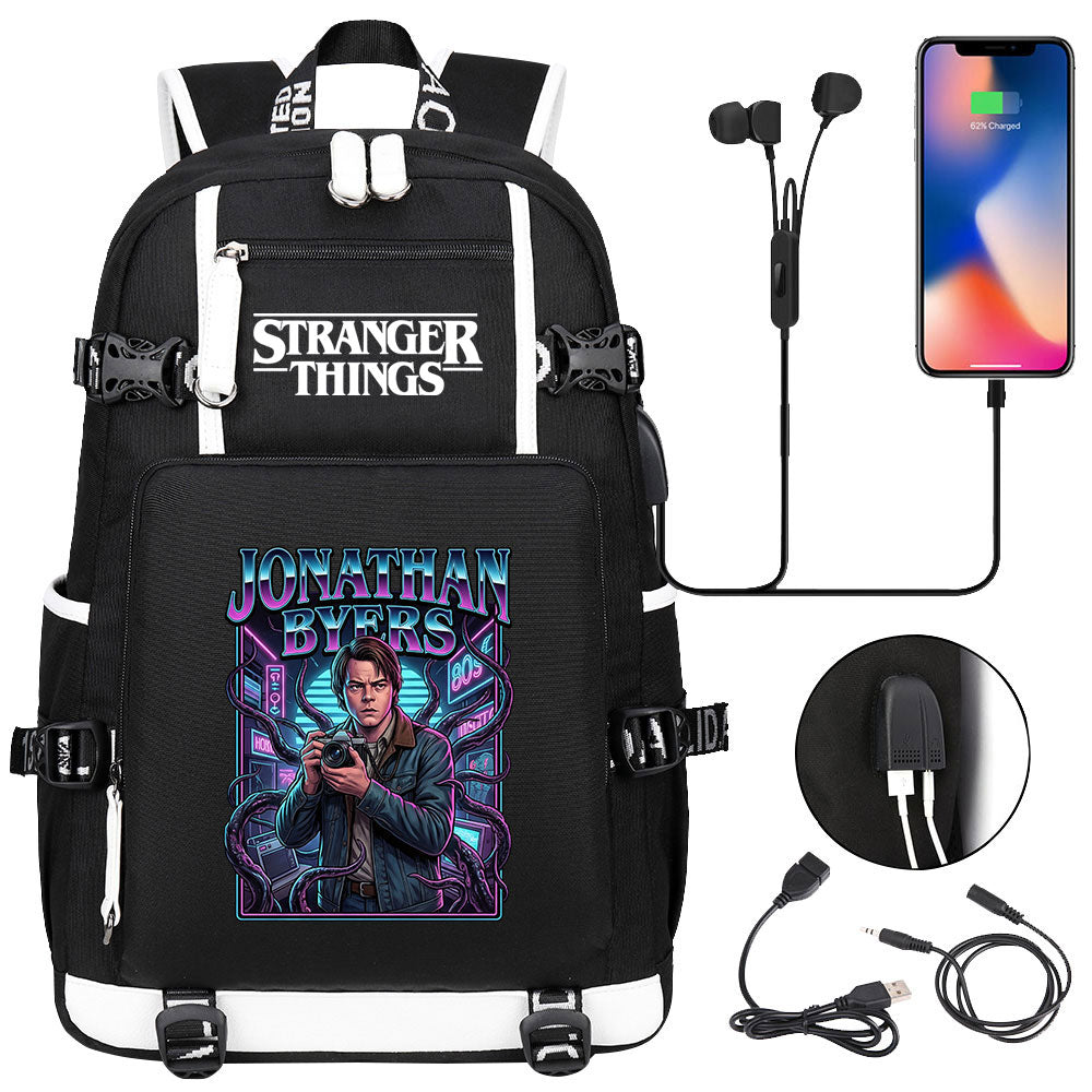 Strangers Things Jonathan Byers USB Charging Backpack School NoteBook Laptop Travel Bags
