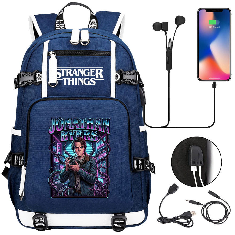Strangers Things Jonathan Byers USB Charging Backpack School NoteBook Laptop Travel Bags