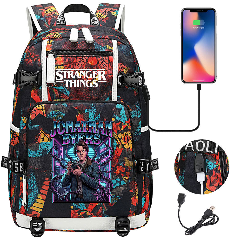 Strangers Things Jonathan Byers USB Charging Backpack School NoteBook Laptop Travel Bags