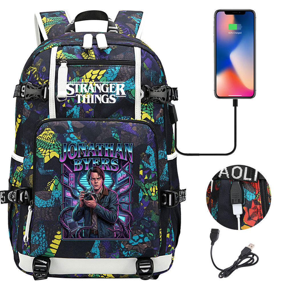 Strangers Things Jonathan Byers USB Charging Backpack School NoteBook Laptop Travel Bags