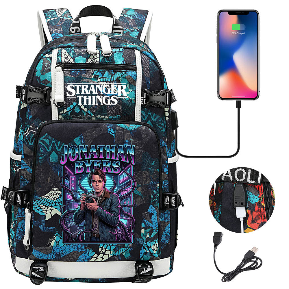 Strangers Things Jonathan Byers USB Charging Backpack School NoteBook Laptop Travel Bags