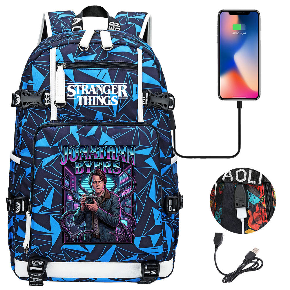 Strangers Things Jonathan Byers USB Charging Backpack School NoteBook Laptop Travel Bags