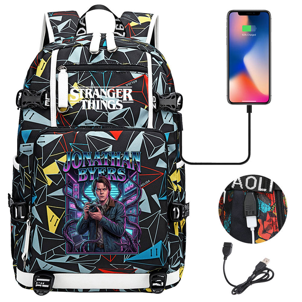 Strangers Things Jonathan Byers USB Charging Backpack School NoteBook Laptop Travel Bags