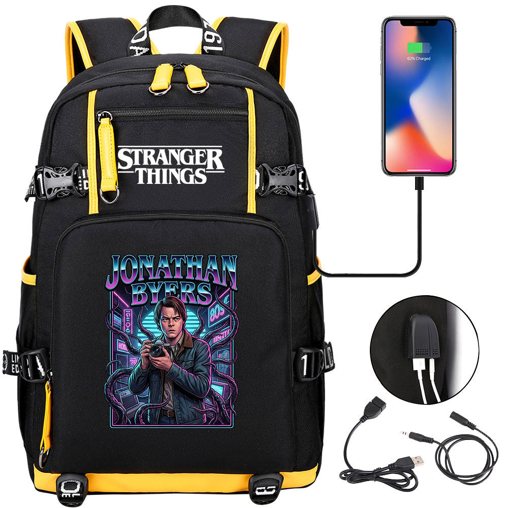 Strangers Things Jonathan Byers USB Charging Backpack School NoteBook Laptop Travel Bags