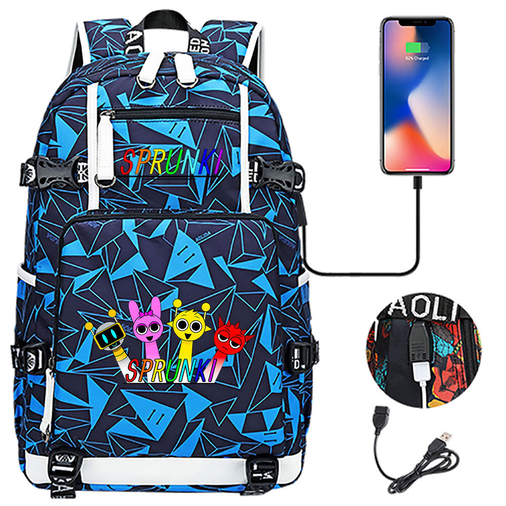 Sprunki USB Charging Backpack School NoteBook Laptop Travel Bags