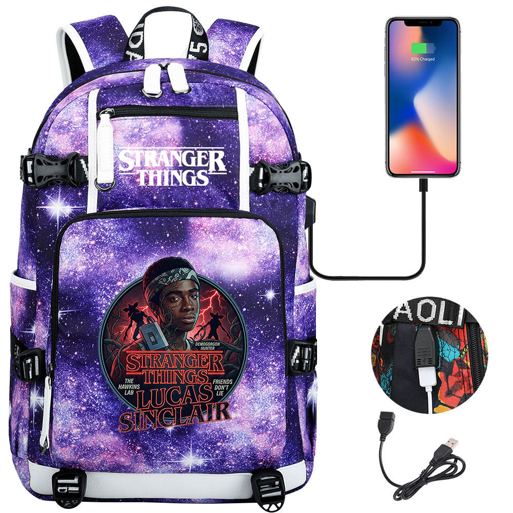 Strangers Things Lucas Sinclair USB Charging Backpack School NoteBook Laptop Travel Bags