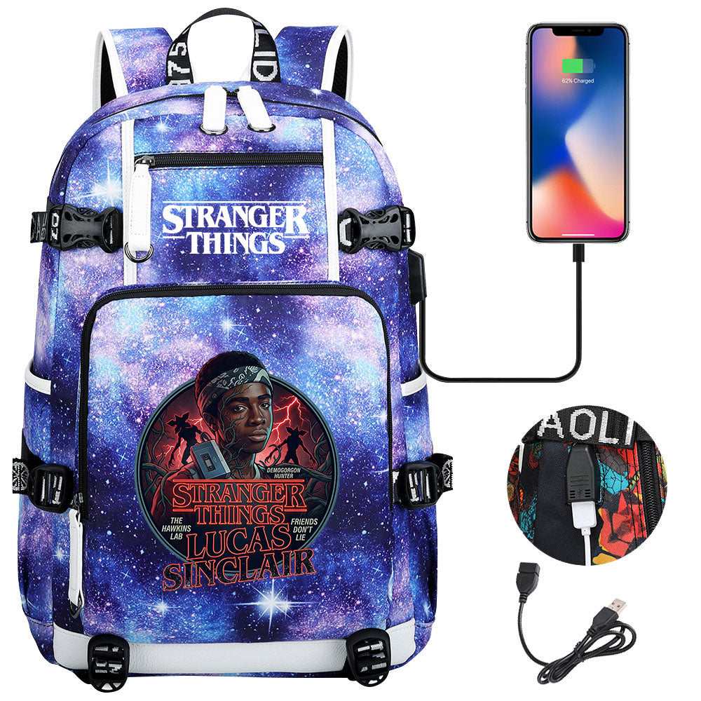 Strangers Things Lucas Sinclair USB Charging Backpack School NoteBook Laptop Travel Bags